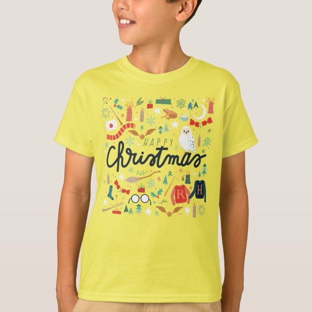 Camiseta Harry Potter | Feliz Navidad con iconos festivos (Anverso)