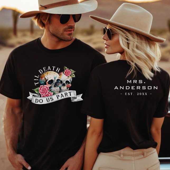 Camiseta Hasta la muerte nos separan calaveras y Rosas Sra. (Til Death Do Us Part Skulls & Roses Mrs. Wedding T-Shirt)