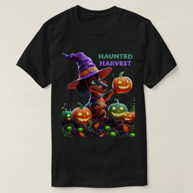 Camiseta Haunted Harvest – Witchy Dachshund Halloween Garde (Diseño del anverso)