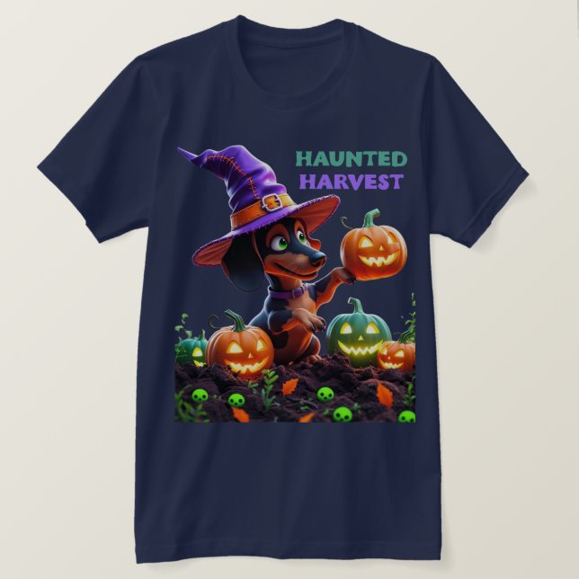 Camiseta Haunted Harvest – Witchy Dachshund Halloween Garde (Anverso del diseño)