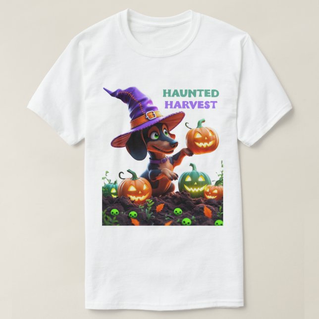 Camiseta Haunted Harvest – Witchy Dachshund Halloween Garde (Diseño del anverso)