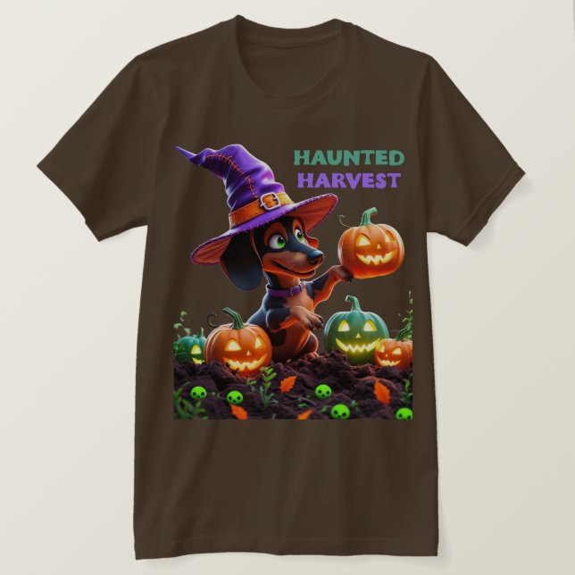 Camiseta Haunted Harvest – Witchy Dachshund Halloween Garde (Anverso del diseño)