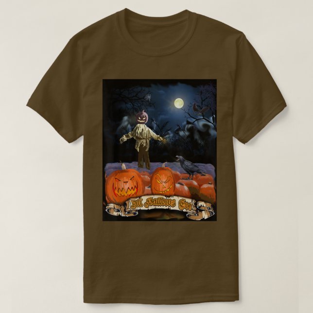 Camiseta Haunted Pumpkin Patch and Evil Scarecrow On Hallow (Diseño del anverso)