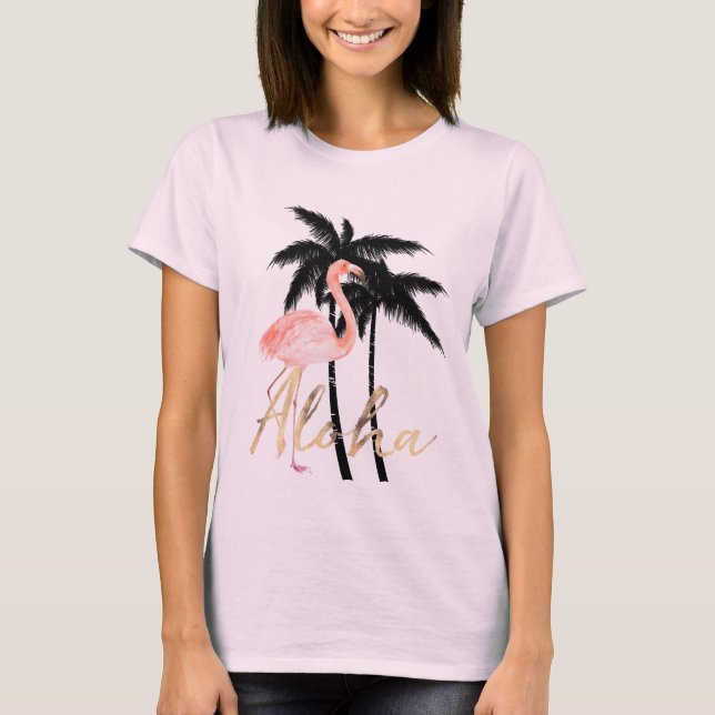 Camiseta Hawaiana tropical del flamenco de las palmeras (Anverso)