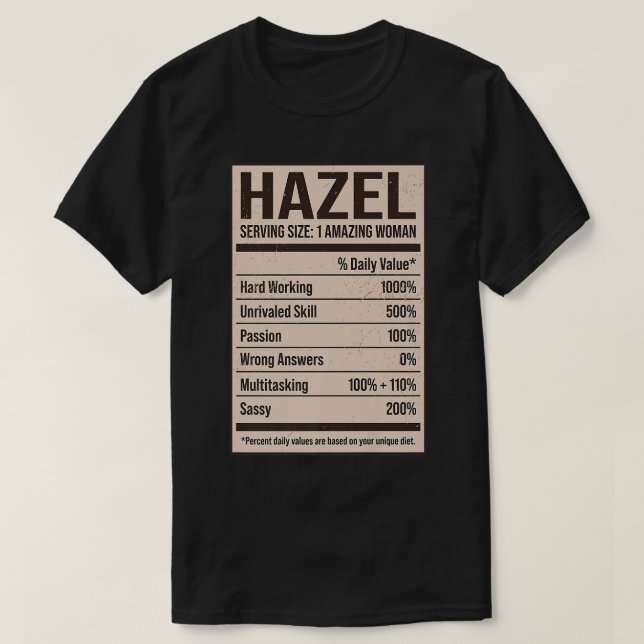 Camiseta Hazel Nutrition Facts Name Nickname Alias Title Fr (Diseño del anverso)