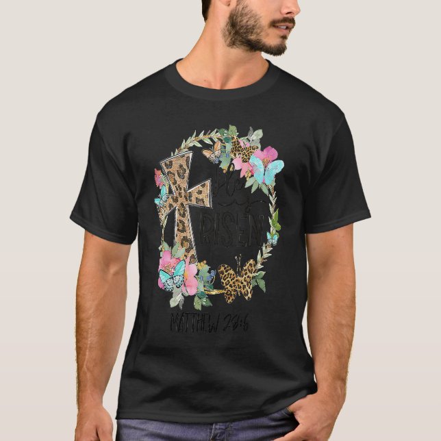 Camiseta He Is Risen Jesus Christian Floral Leopard Cross B (Anverso)
