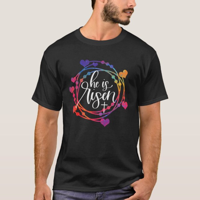 Camiseta He is Risen Jesus Christian Happy Easter Heart Wre (Anverso)