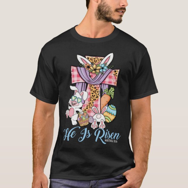 Camiseta He is Risen Kids Leopard Cross Bunny Happy Easter  (Anverso)
