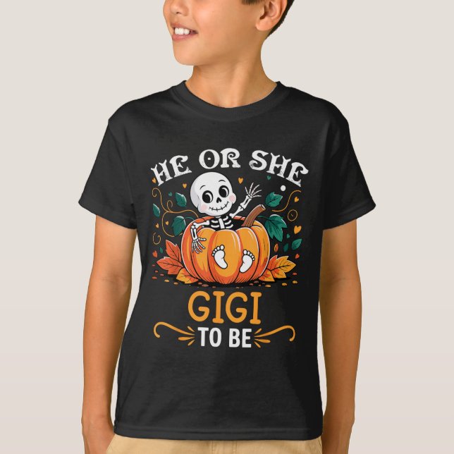 Camiseta He Or She Gigi To Be Halloween Skeleton Baby Revea (Anverso)
