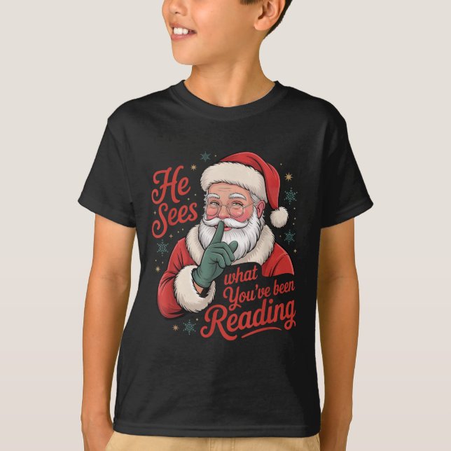 Camiseta He Sees What You've Been Reading, Retro Santa Chri (Anverso)