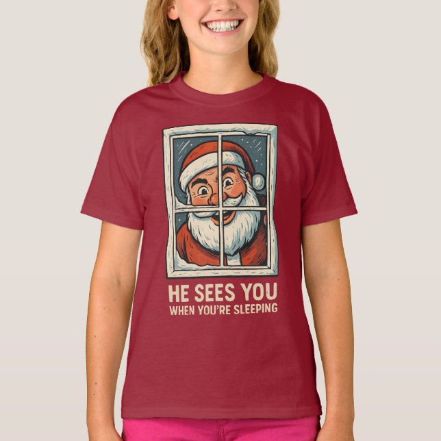 Camiseta He Sees You When You’re Sleeping – Funny Creepy Sa (Anverso)