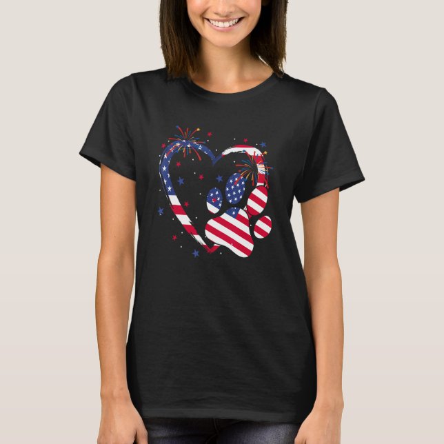 Camiseta Heart Dog Paw American Flag Firework 4th Of July P (Anverso)