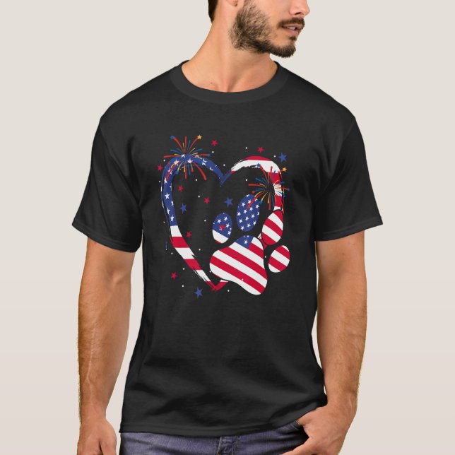 Camiseta Heart Dog Paw American Flag Firework 4th Of July P (Anverso)