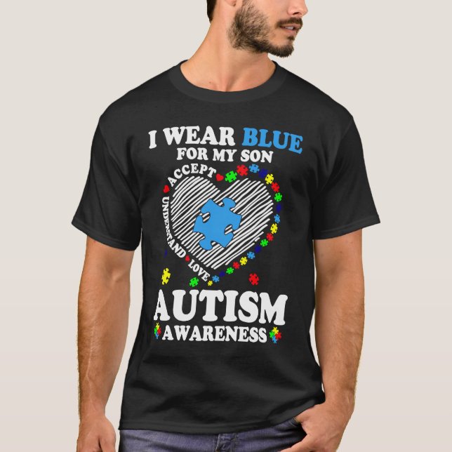 Camiseta Heart I Wear Blue For My Son Autism Awareness Mont (Anverso)