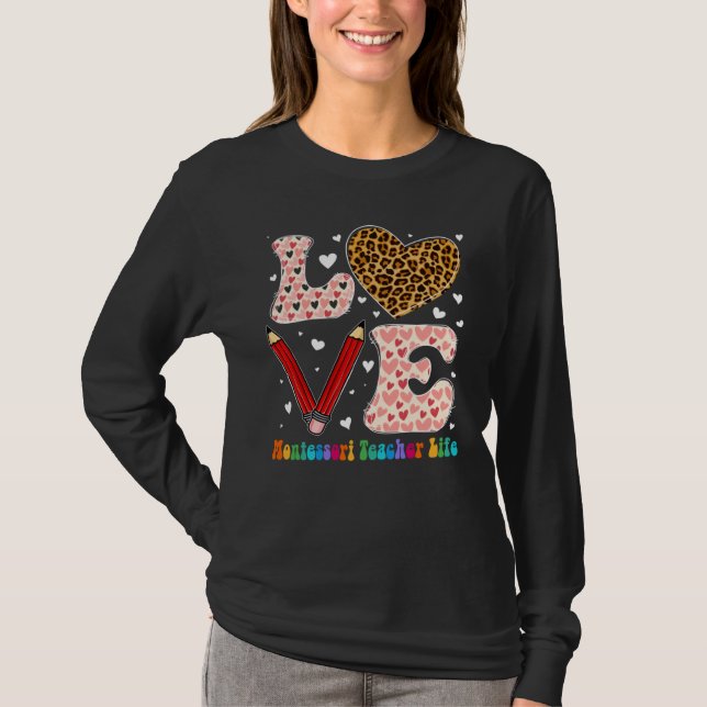Camiseta Heart Montessori Teacher Life Leopard Plaid Valent (Anverso)