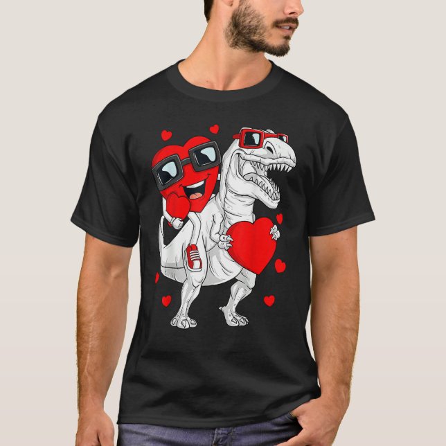 Camiseta Heart Riding Dinosaur Rex  Valentines Day Boys Kid (Anverso)