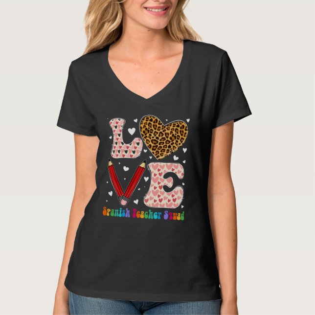 Camiseta Heart Spanish Teacher Squad Leopard Plaid Red Vale (Anverso)