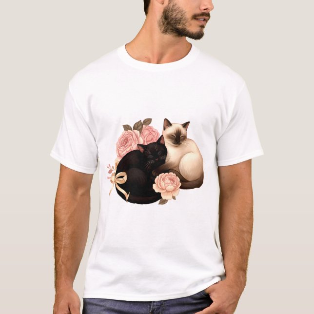 Camiseta Heartbound: Siamese & Black Cats in Bloom (Anverso)