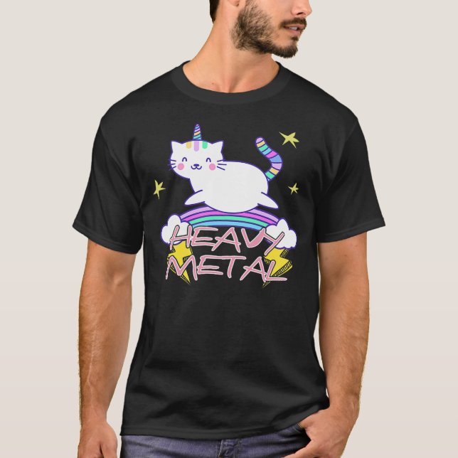 Camiseta Heavy Metal Kawaii Unicorn Cat and Rainbow (Anverso)