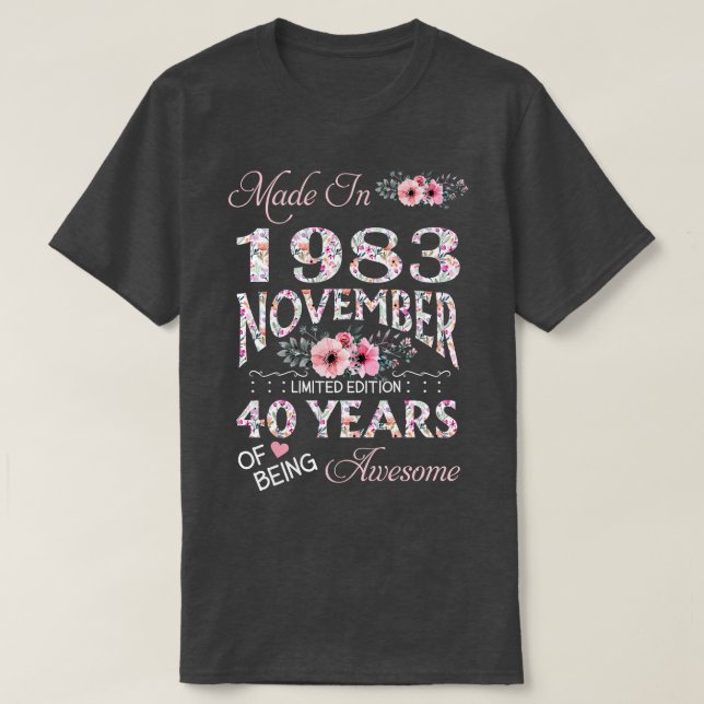 Camiseta Hecha En Octubre De 1983 Floral 40 Años De Edad (Diseño del anverso)