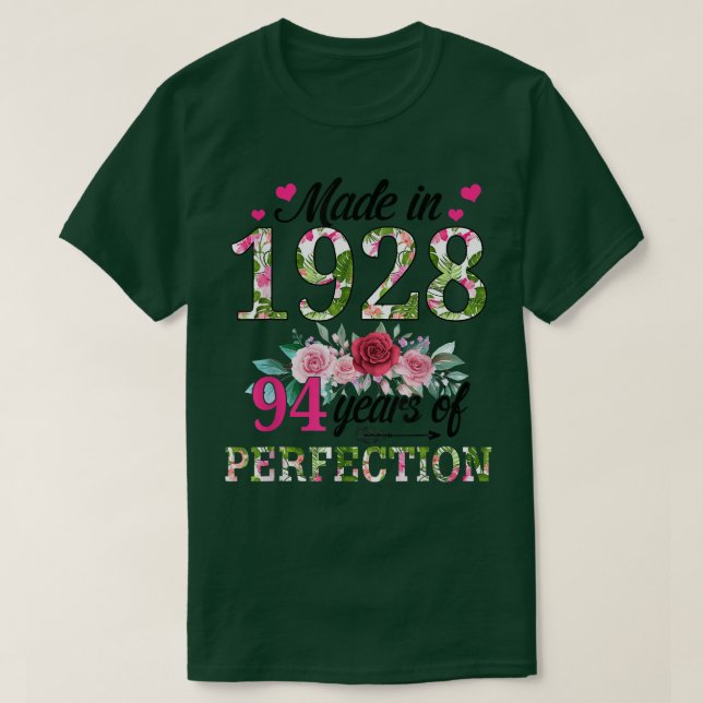 Camiseta Hecho En 1928 Regalo Floral 94 Años De Edad (Diseño del anverso)