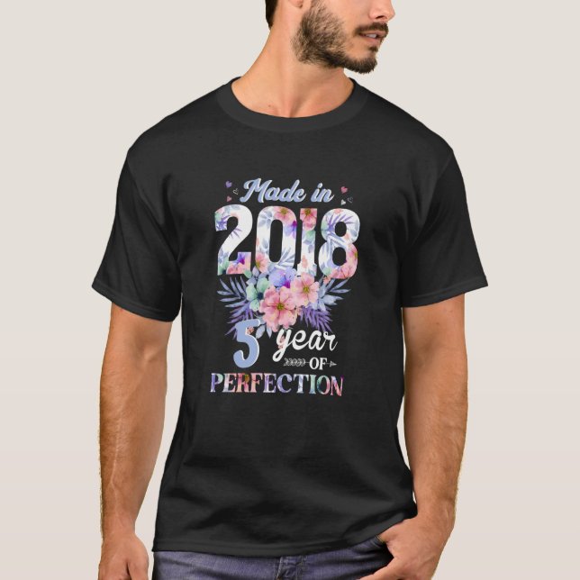 Camiseta Hecho En 2018 Floral 5 Años De Edad 5º Cumpleaños  (Anverso)