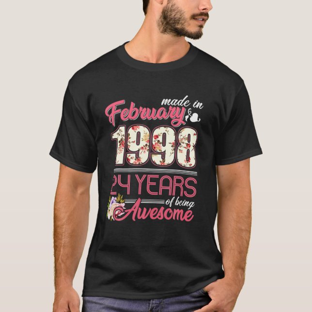 Camiseta Hecho En Febrero De 1998 Floral 24 Años De Edad (Anverso)