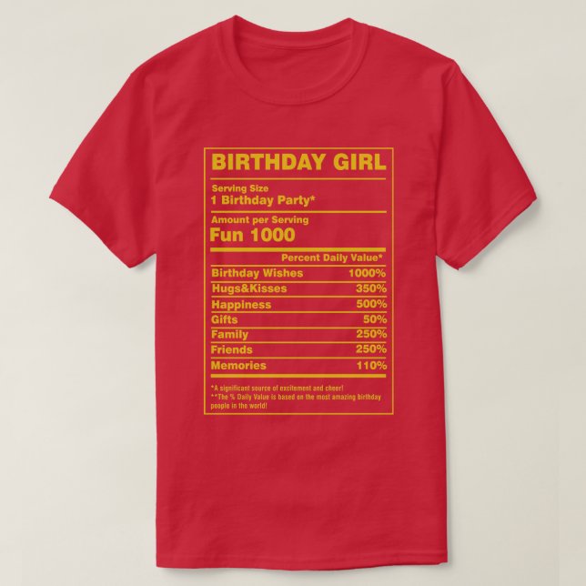 Camiseta Hechos de nutrición Chica de cumpleaños (Diseño del anverso)
