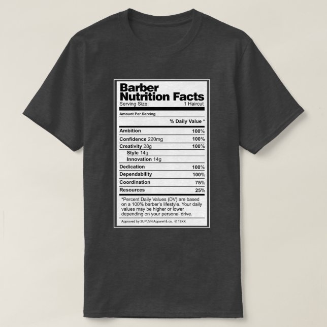 Camiseta Hechos de nutrición de barbero (Diseño del anverso)