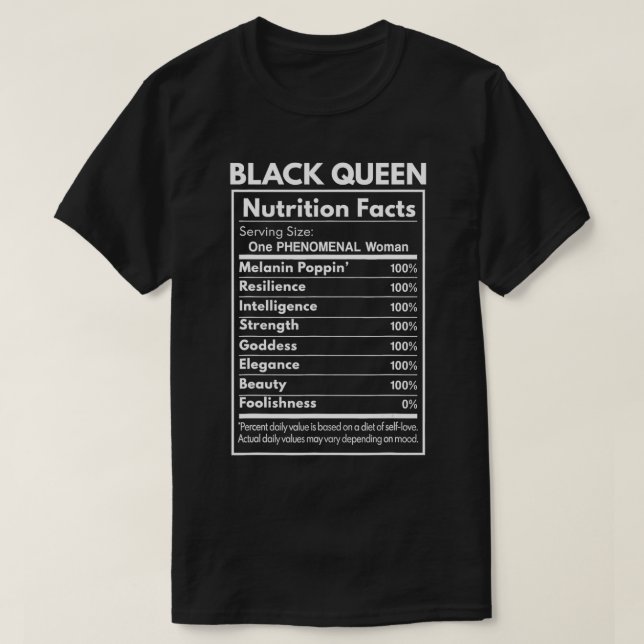 Camiseta Hechos de nutrición de la Reina Negra (Diseño del anverso)