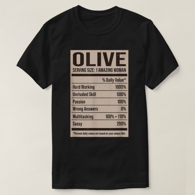 Camiseta Hechos De Nutrición De Oliva Nombre Apodo Nombre A (Diseño del anverso)