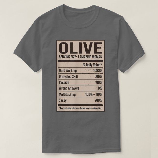 Camiseta Hechos De Nutrición De Oliva Nombre Apodo Nombre A (Diseño del anverso)