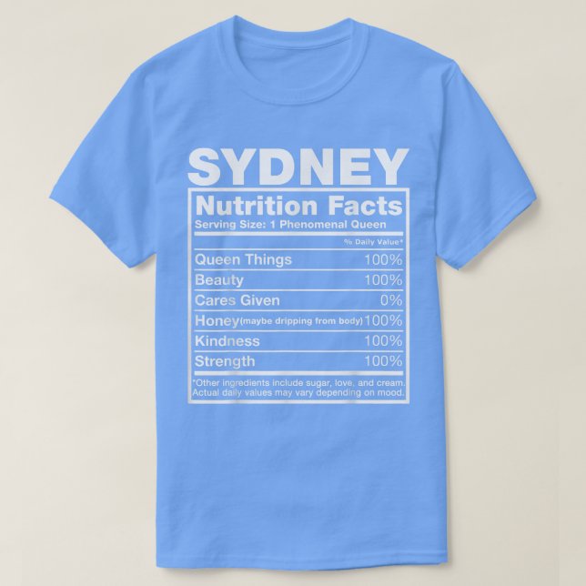 Camiseta Hechos de nutrición en Sídney (Diseño del anverso)
