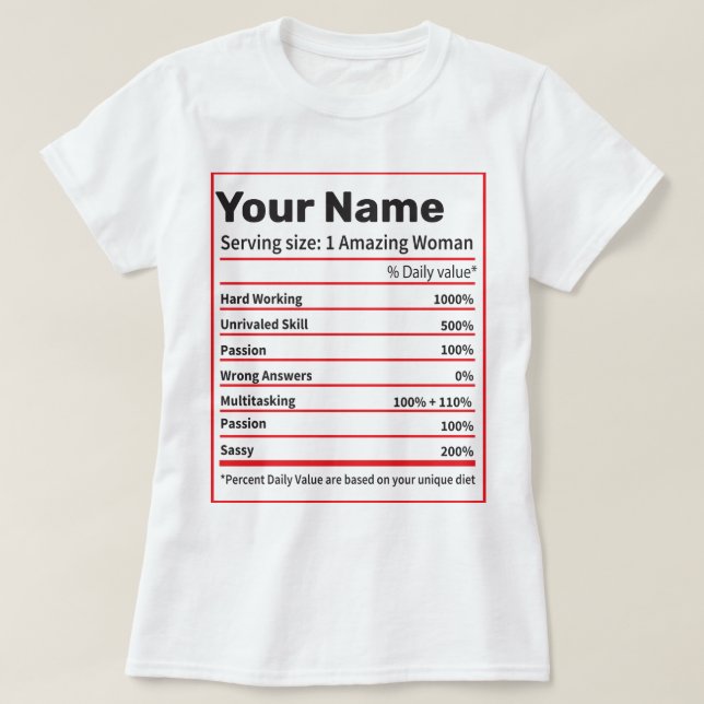 Camiseta Hechos de nutrición Nombre personalizado - Las muj (Diseño del anverso)