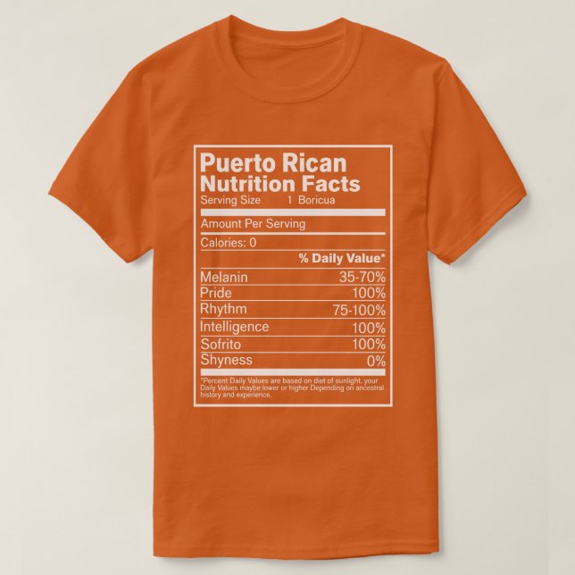 Camiseta Hechos de nutrición portorriqueña 2 (Diseño del anverso)
