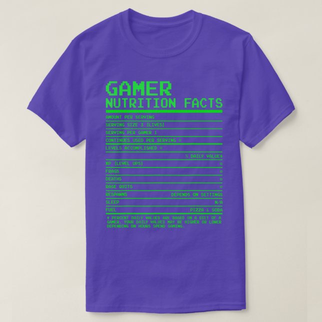 Camiseta Hechos de nutrición y regalos para los videojuegos (Diseño del anverso)