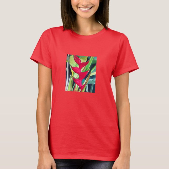 Camiseta Heliconia Lobster Claw flor de acuarcolía tropical (Anverso)