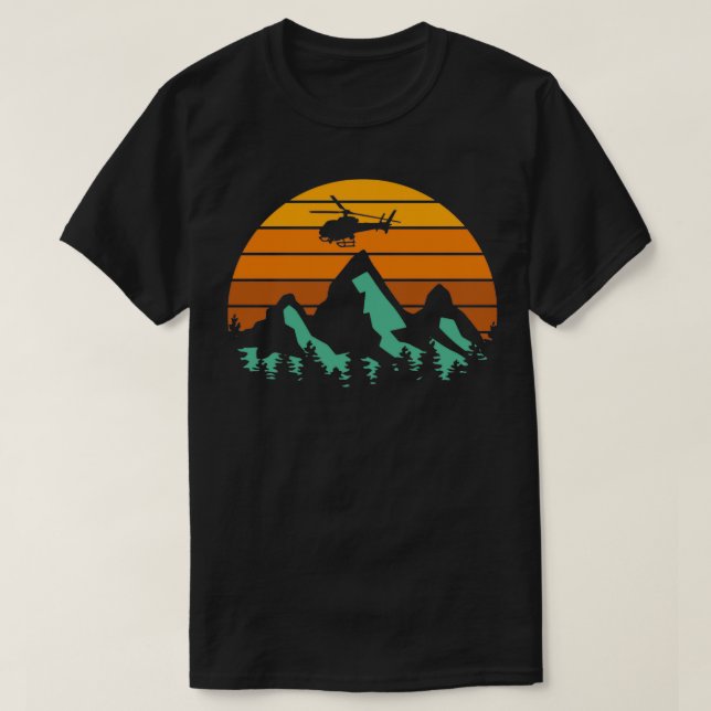 Camiseta Helicóptero Montañas Vintage Heli Atardecer piloto (Diseño del anverso)