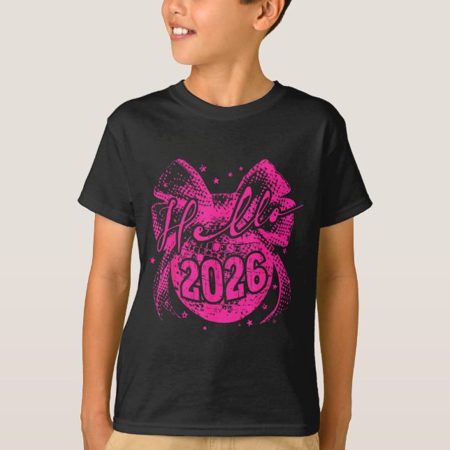 Camiseta Hello 2026 Disco Ball Coquette Bow Happy New Year  (Anverso)