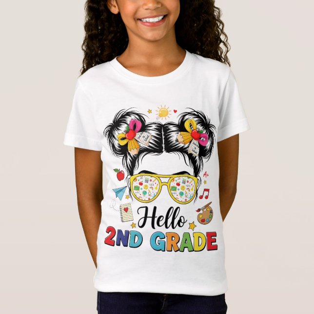 Camiseta Hello 2nd Grade Messy Bun Coquette Bow Teacher (Anverso)