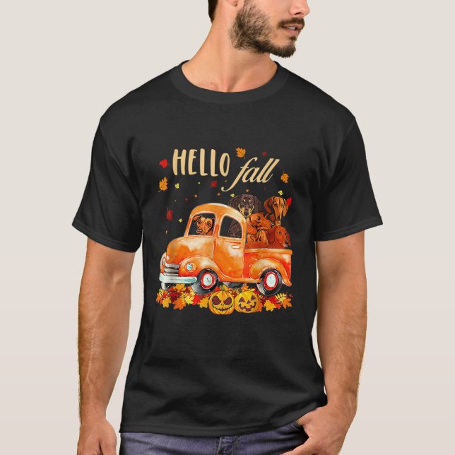 Camiseta Hello Fall Funny Dachshund  Halloween pumkin  (Anverso)