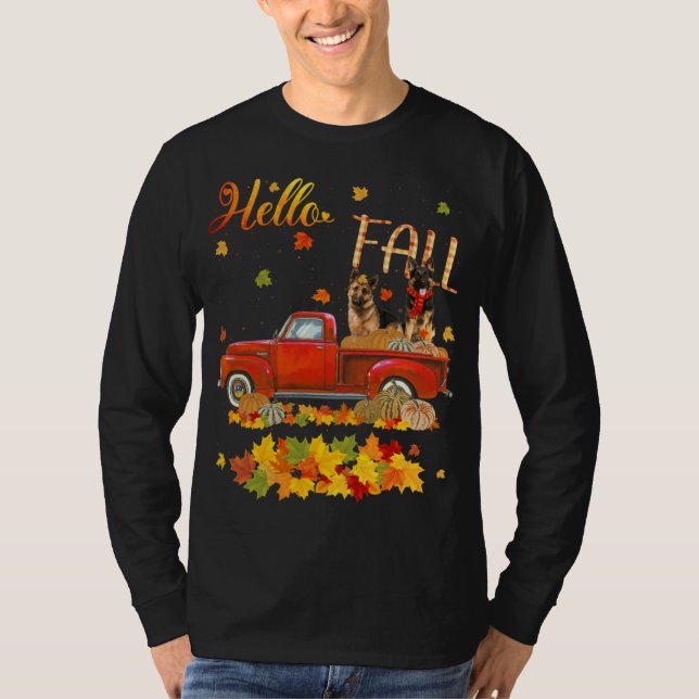 Camiseta Hello Fall German Shepherd Leaf Autumn Red Truck D (Anverso)