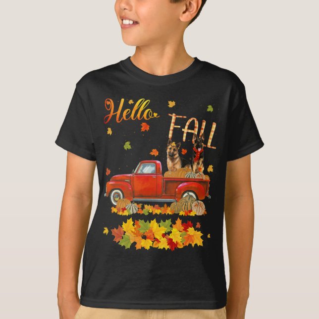 Camiseta Hello Fall German Shepherd Leaf Autumn Red Truck D (Anverso)