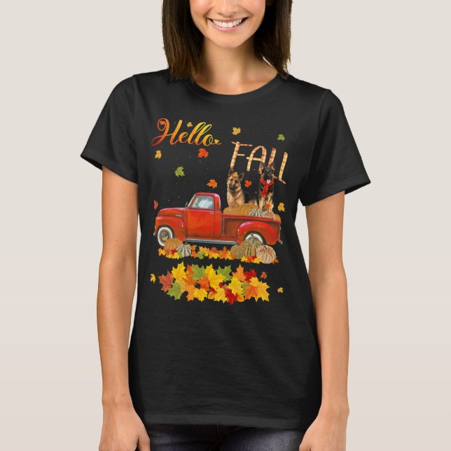 Camiseta Hello Fall German Shepherd Leaf Autumn Red Truck D (Anverso)