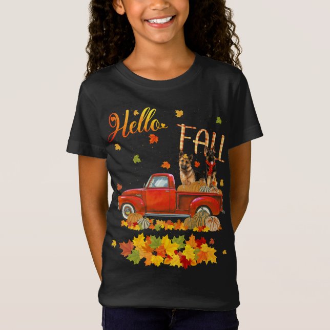 Camiseta Hello Fall German Shepherd Leaf Autumn Red Truck D (Anverso)