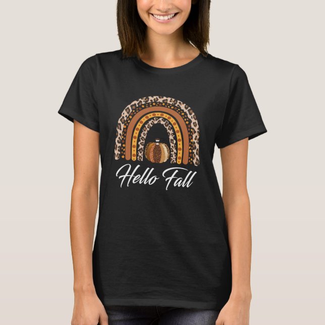 Camiseta Hello Fall Leopard Pumpkin Rainbow Thankending At (Anverso)