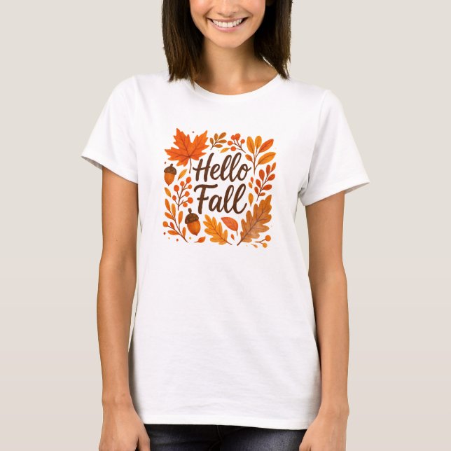 Camiseta Hello Fall - Naranja acogedor deja un diseño rústi (Anverso)