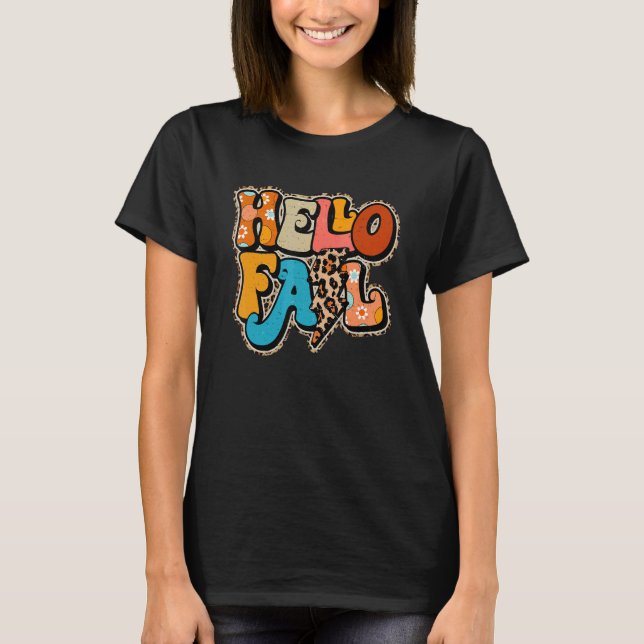 Camiseta Hello Fall Retro Leopard Fall Vibes Happy Thanksgi (Anverso)