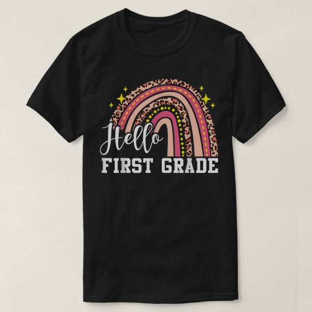 Camiseta Hello First Grade 1st Grade Rainbow Leopard Back T (Diseño del anverso)