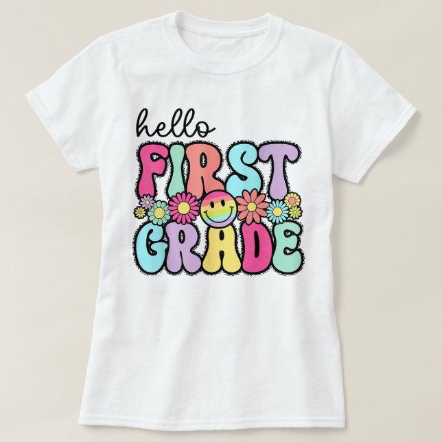 Camiseta Hello First Grade Teacher Coquette Pencil Bow (Diseño del anverso)
